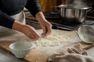 Mani che formano piccoli grumi di farina sulla spianatoia, con setaccio e pentola di brodo fumante sullo sfondo