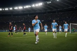 Calciatore in maglia azzurra corre dopo un gol, con compagni in arrivo e avversari delusi sullo sfondo