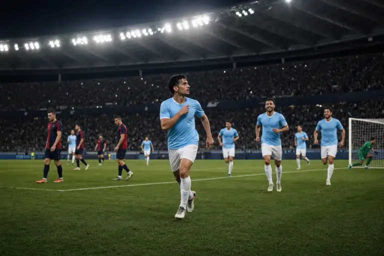 Calciatore in maglia azzurra corre dopo un gol, con compagni in arrivo e avversari delusi sullo sfondo