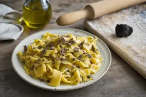 Piatto di pasta fresca a strisce con scaglie di tartufo nero su tavolo di legno, con tagliere infarinato e mattarello