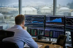 Analista davanti a più monitor con grafici di mercato, sullo sfondo serbatoi industriali di stoccaggio del gas