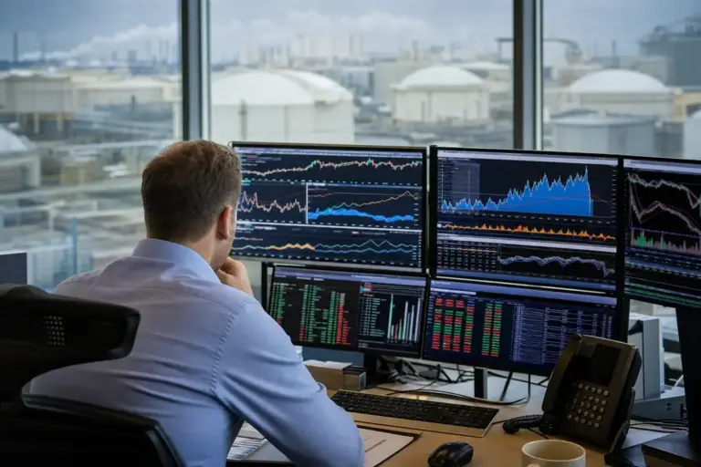Analista davanti a più monitor con grafici di mercato, sullo sfondo serbatoi industriali di stoccaggio del gas