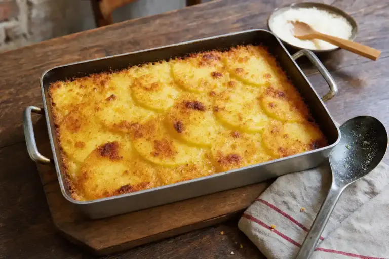 Teglia di gnocchi alla romana gratinati con dischi di semolino dorati su tavolo di legno, con cucchiaio e ciotola di