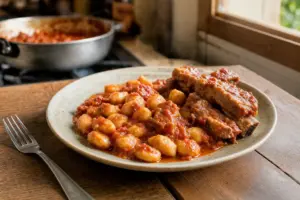 Piatto di gnocchi di patate al sugo di pomodoro con puntine di maiale su tavolo di legno, luce naturale