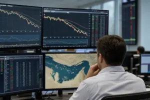 Analista davanti a più monitor con grafici in calo e mappa dello Stretto di Hormuz in sala trading