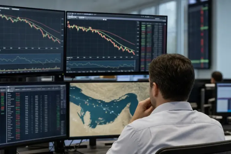 Analista davanti a più monitor con grafici in calo e mappa dello Stretto di Hormuz in sala trading