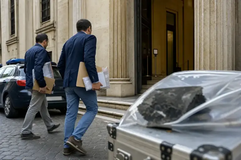 Due investigatori in abiti civili entrano in tribunale con fascicoli; in primo piano una valigetta con reperti