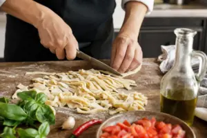 Mani che tagliano striscioline di pasta fresca su tagliere infarinato, con basilico, pomodori, aglio e olio