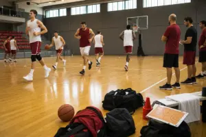 Giocatori di basket in allenamento su parquet con borsoni, pallone, coni e staff a bordo campo