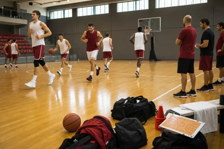 Giocatori di basket in allenamento su parquet con borsoni, pallone, coni e staff a bordo campo