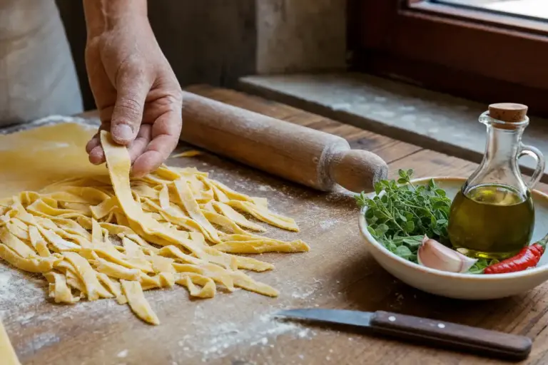 Strisce di pasta fresca all’uovo su tagliere infarinato, con mattarello, coltello, maggiorana, aglio, peperoncino e olio
