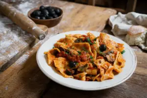 Piatto di fregnacce al sugo di pomodoro con funghi, olive nere e prezzemolo su tavolo di legno rustico