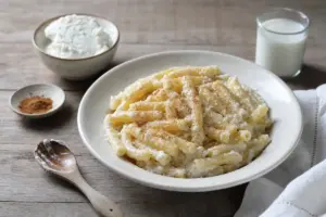 Piatto di maccheroni con crema di ricotta, spolverata di cannella e pepe, con ricotta e latte sul tavolo