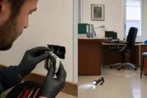 Tecnico con guanti ispeziona una presa elettrica aperta in un ufficio, con cavi a vista e torcia sul pavimento