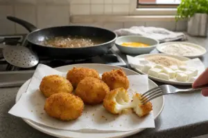 Bocconcini di mozzarella fritta dorati su piatto con carta assorbente, uno aperto con forchetta e mozzarella filante