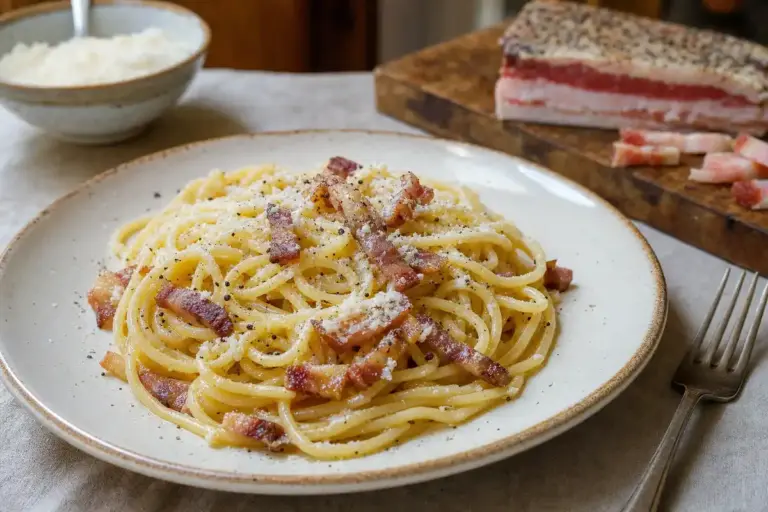 Piatto di spaghetti alla gricia con guanciale croccante, pecorino grattugiato e pepe nero su tavolo rustico