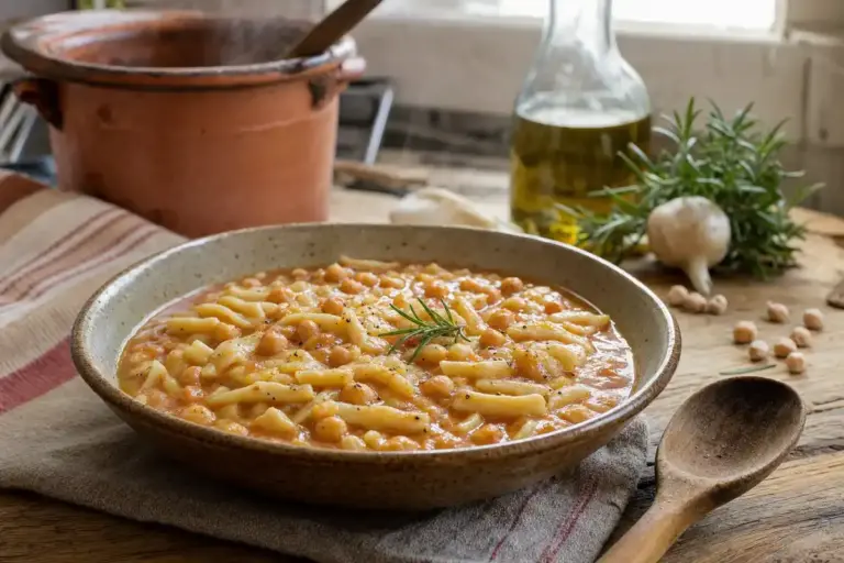 Ciotola di pasta e ceci cremosa con rosmarino e pepe su tavolo di legno, con pentola e olio sullo sfondo
