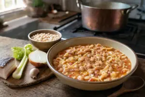 Ciotola di pasta e fagioli con pepe e olio, con sedano, cipolla, aglio e fagioli sul tavolo
