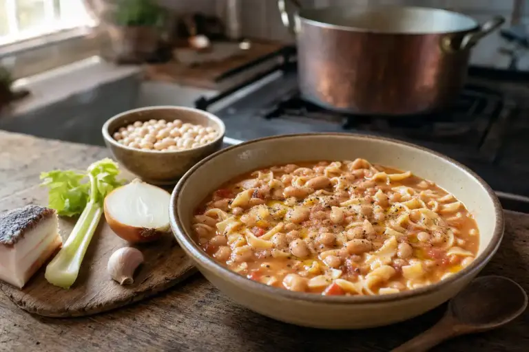 Ciotola di pasta e fagioli con pepe e olio, con sedano, cipolla, aglio e fagioli sul tavolo