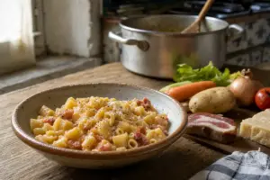 Ciotola di pasta e patate cremosa con pancetta e parmigiano su tavolo di legno, cucina rustica sullo sfondo