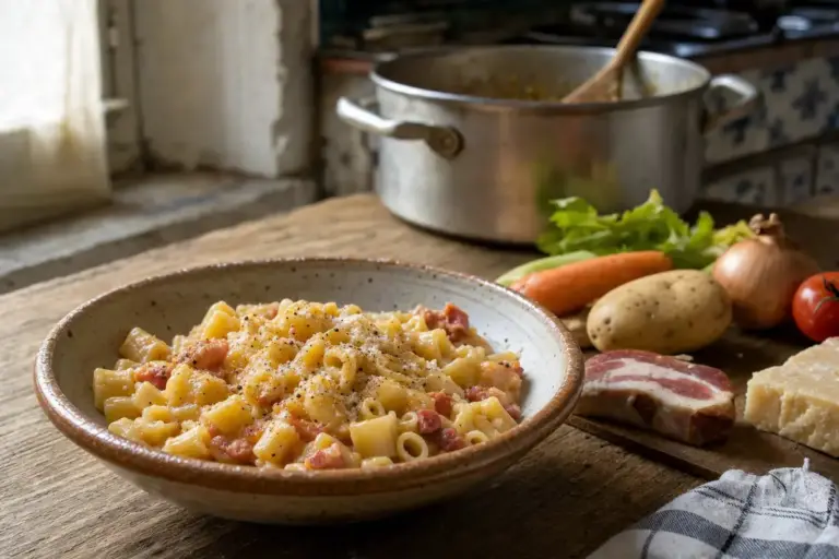 Ciotola di pasta e patate cremosa con pancetta e parmigiano su tavolo di legno, cucina rustica sullo sfondo