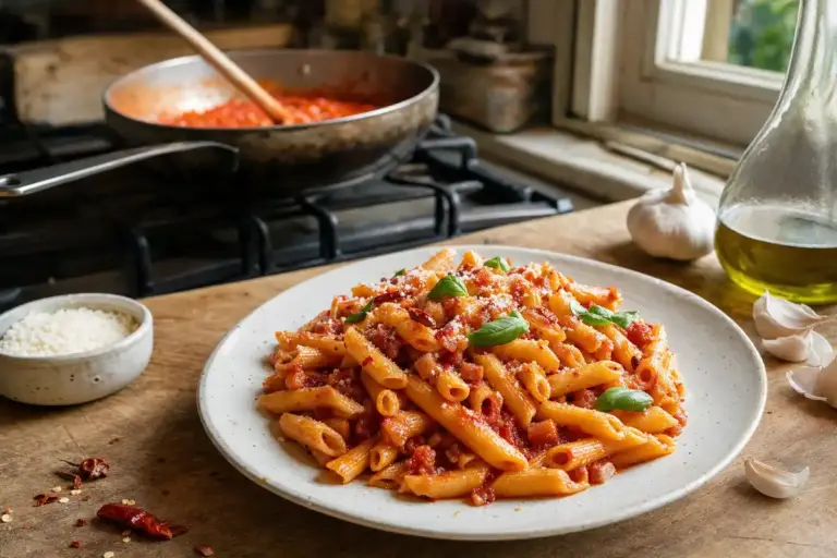 Piatto di penne all’arrabbiata con sugo di pomodoro, basilico e formaggio grattugiato su tavolo di legno