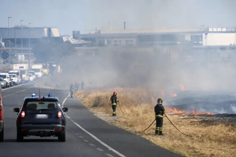 Vigili del fuoco spengono un incendio di sterpaglie lungo una strada, con fumo denso e traffico rallentato