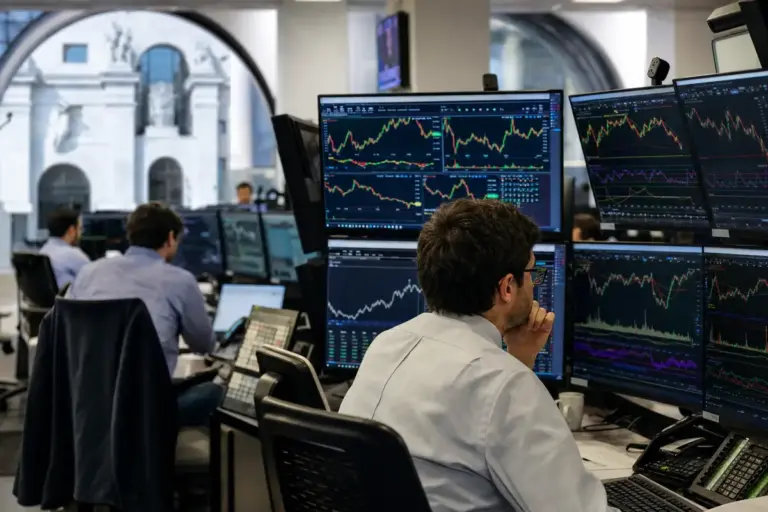 Operatore in sala trading davanti a più monitor con grafici e indici di mercato