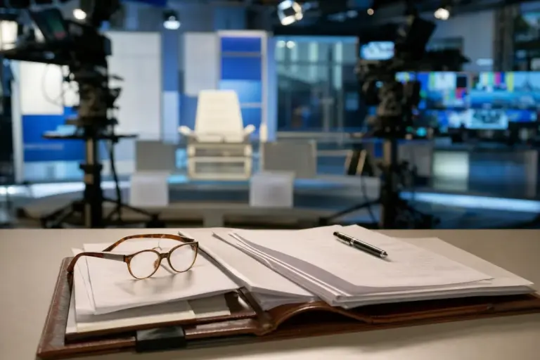 Documenti legali con penna e occhiali su una scrivania, con studio TV e telecamere sfocati sullo sfondo
