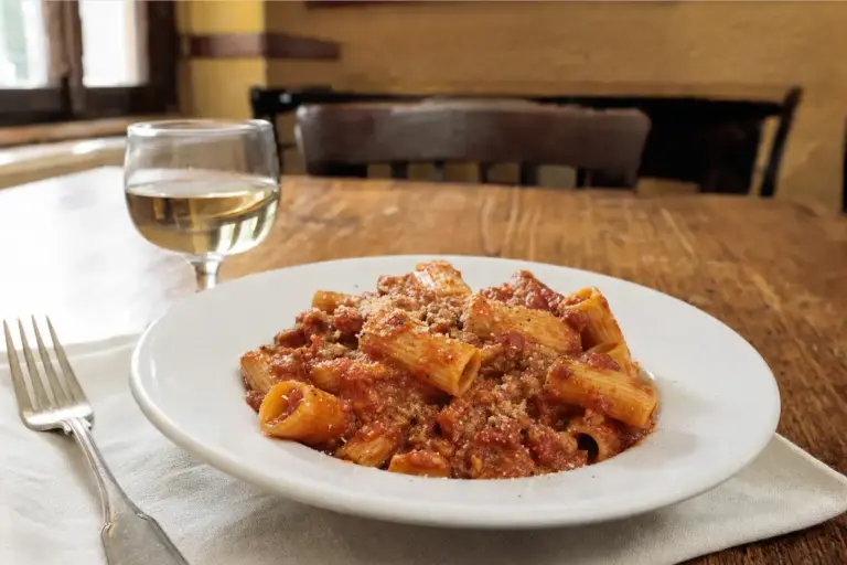 Piatto di rigatoni al sugo di pomodoro con formaggio grattugiato, su tavolo di legno con forchetta e calice di vino