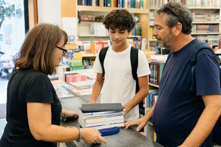 Commessa in libreria con genitore e studente al banco, accanto a una pila di libri di scuola e un tablet