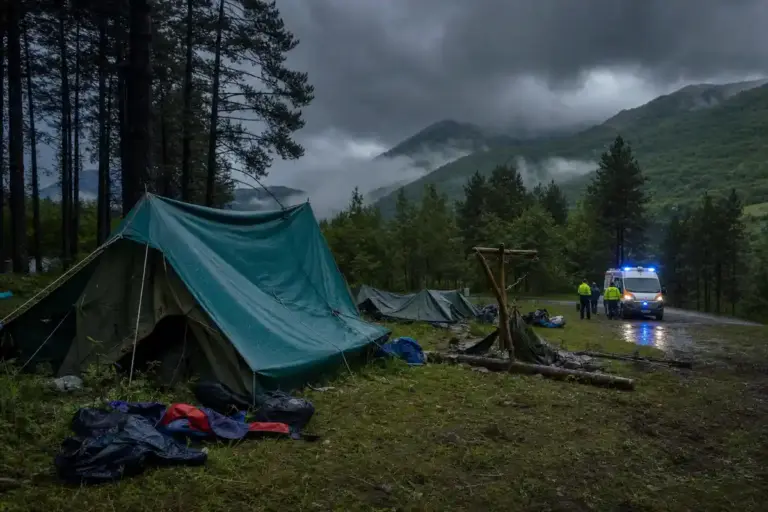 Tende bagnate in un campeggio di montagna dopo un temporale, con ambulanza e soccorritori sullo sfondo