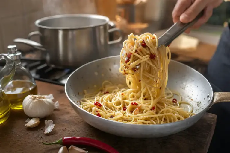Spaghetti aglio, olio e peperoncino in padella, sollevati con pinze; sullo sfondo pentola e ingredienti
