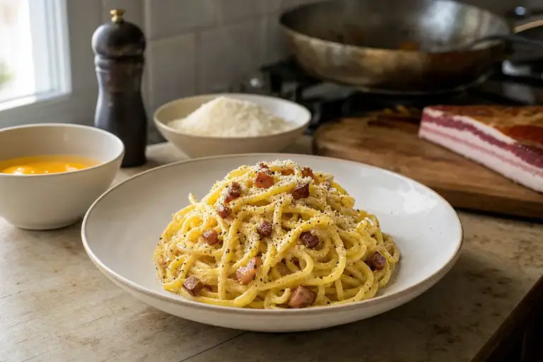 Piatto di spaghetti alla carbonara con pancetta, pecorino grattugiato e pepe, su tavolo di cucina
