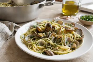 Piatto di spaghetti alle vongole con prezzemolo su tavolo da cucina, con padella e olio sullo sfondo