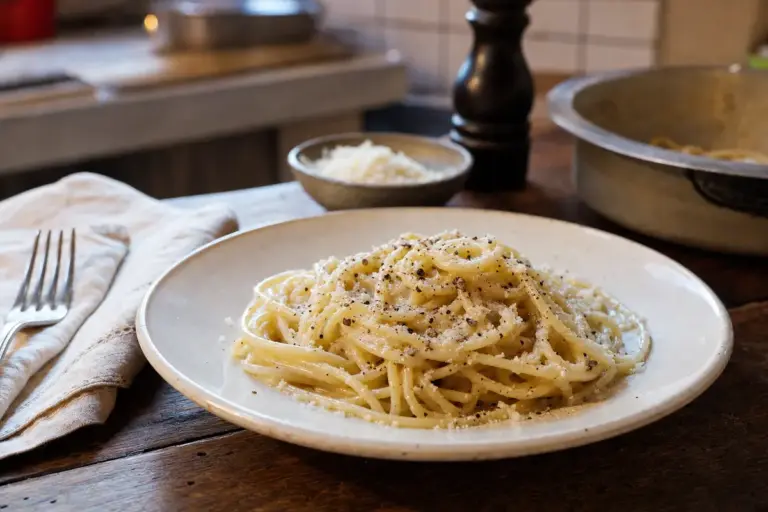 Piatto di spaghetti cacio e pepe cremosi con pecorino grattugiato e pepe nero su tavolo di legno