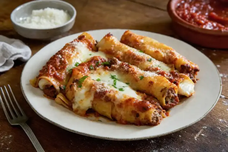 Stracci di Antrodoco al forno con ragù di carne, mozzarella fusa e prezzemolo su piatto rustico