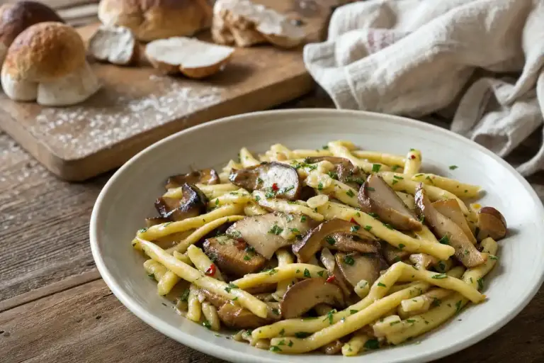 Ciotola di strozzapreti con funghi porcini a fette, prezzemolo e aglio su tavolo rustico