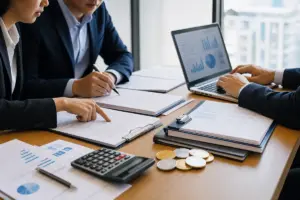 Professionisti in ufficio esaminano bilanci e report con laptop, calcolatrice e monete crypto su un tavolo