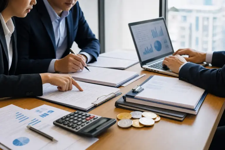 Professionisti in ufficio esaminano bilanci e report con laptop, calcolatrice e monete crypto su un tavolo
