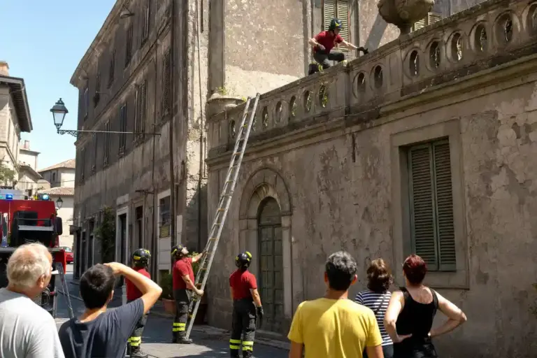 Vigili del fuoco con scala verso un terrazzo di un edificio storico, mentre i residenti osservano dalla strada