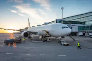 Aereo di linea a lungo raggio al gate con finger, mezzi di rampa e operatori con giubbotti ad alta visibilità