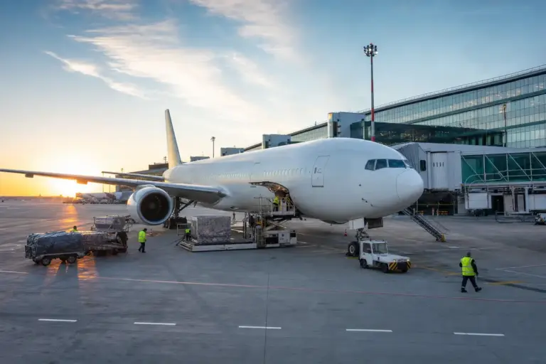 Aereo di linea a lungo raggio al gate con finger, mezzi di rampa e operatori con giubbotti ad alta visibilità