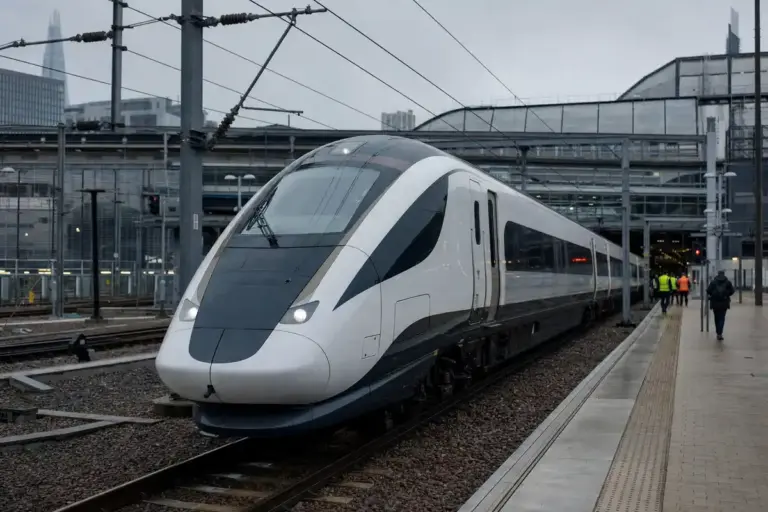 Treno ad alta velocità moderno fermo in stazione con cavi aerei e personale ferroviario sullo sfondo