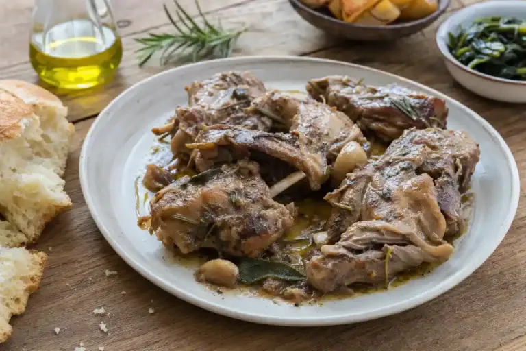 Piatto di abbacchio alla cacciatora con rosmarino, salvia e sughetto, pane e olio su tavolo di legno