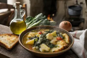 Ciotola di acquacotta fumante con cicoria, patate, pomodoro e pane tostato, accanto a olio e cipolla