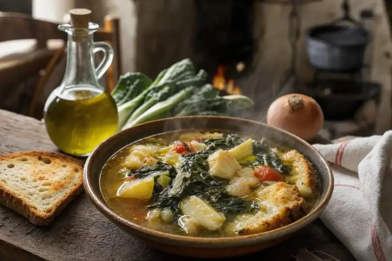 Ciotola di acquacotta fumante con cicoria, patate, pomodoro e pane tostato, accanto a olio e cipolla