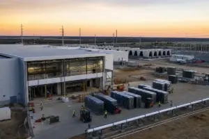 Cantiere di un grande data center con moduli impacchettati, muletti e tecnici con caschi al tramonto