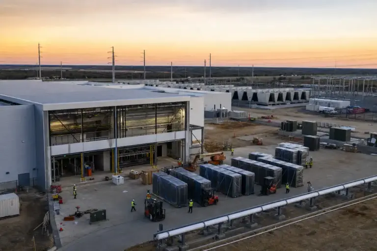 Cantiere di un grande data center con moduli impacchettati, muletti e tecnici con caschi al tramonto