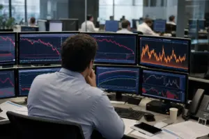 Trader di spalle davanti a più monitor con grafici in calo e un grafico arancione volatile in una sala trading